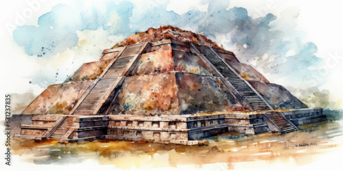 Watercolor drawing of the Teotihuacan pyramid. Generative AI.