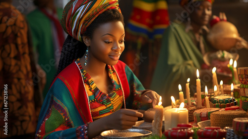 African American woman wearing traditional clothes for celebrationKwanzaa, African-American festival. New Years celebrations, preservation of African traditions. Banner.