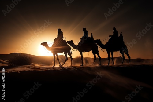 The three wise men on their camels traveling through the desert with the sun reflecting behind their shadows