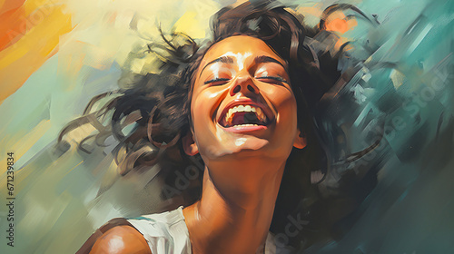 young woman is happy, laughing and cheering in painting style