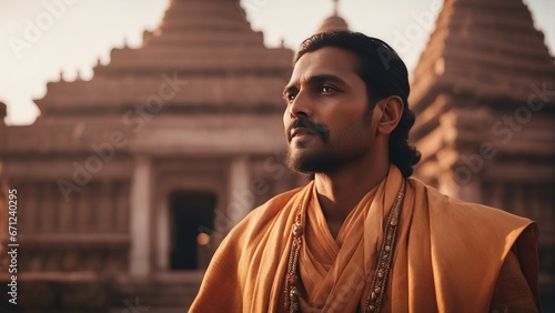 portrait of a Hindu man at sunrise in front of the temple, wearing traditional clothes 