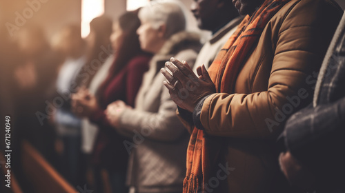 A family attending church together, holding hands in prayer, African American family, blurred background, with copy space