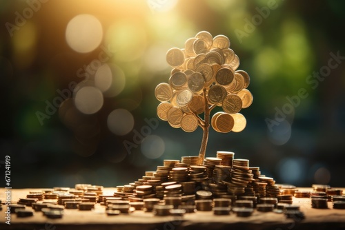 A tree with coins instead of leaves grows on a hillock of gold coins