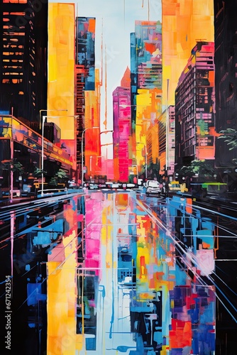 A colorful picture of a megalopolis street with high-rises, roads, cars and reflections in the water