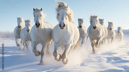 White horses run gallop on snow in winter landscape with blue sky