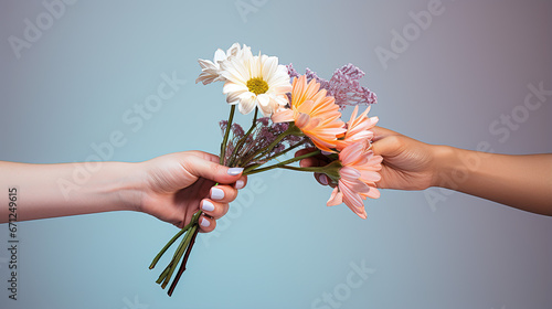 Female hand giving bouquet of flowers to male hand on blue background