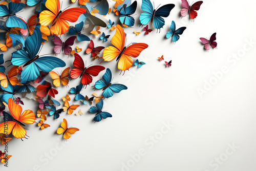 A group of colorful butterflies flying on the corner white isolated cutout. Decorative element border.