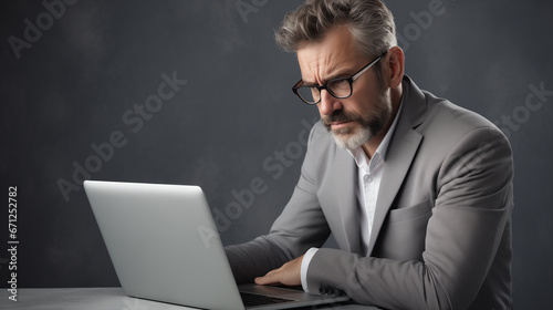 Confused disappointed businessman reading e-mail over laptop on gray background. Generative AI 