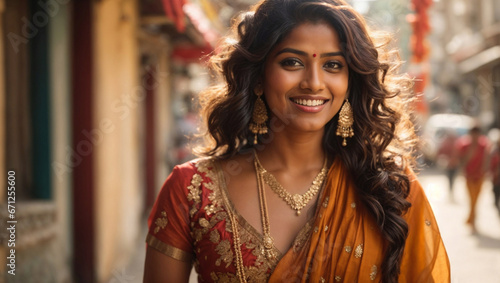 Bellissima ragazza indiana vestita con abiti tradizionali all'aperto in India