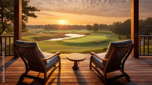 wooden veranda at a resort with two armchairs and tranquil sunrise view over the golf course 