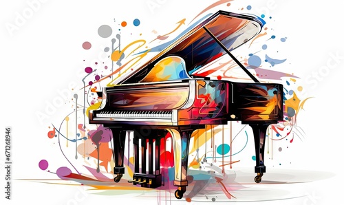 colorful piano on white background with music notes flying Generative AI