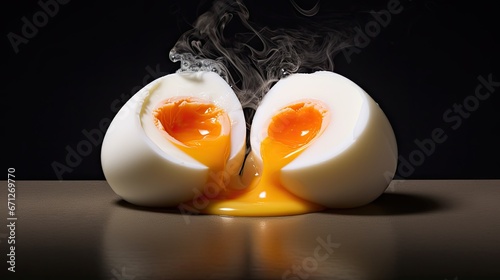  an egg with smoke coming out of it sitting on a table next to an egg with an egg yolk in it. generative ai