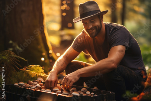 A contented man indulging in mushroom picking in the forest