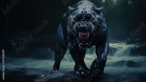 Black panthers dark colored individuals of the genus Panthera, family of cats, black predatory wild animal, powerful fast animal, aggressive .