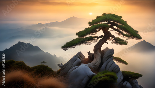 A lone pine tree stands on top of a mountain above the clouds with Asian features beautiful lighting at sunrise, landscape concept, generative ai
