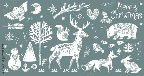 Christmas isolated woodland animals silhouettes vector set