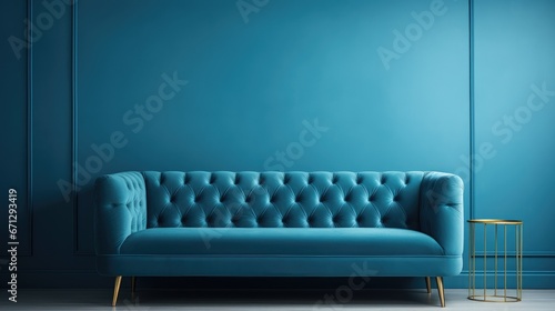blue sofa on blue background. concept of elegance, blue monday banner