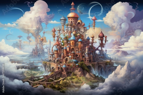 Whimsical cloud castles, floating high above the world, accessible only to dreamers - Generative AI