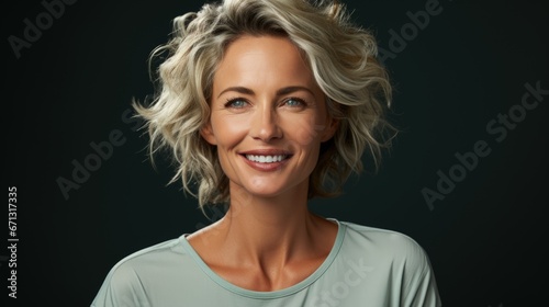 A close-up portrait of a woman with wavy blonde hair, showcasing her radiant blue eyes and a warm smile against a dark background.