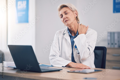 Stress, woman and medical doctor with neck pain in office for muscle pressure, joint injury and overworked. Tired, burnout and mature healthcare employee with fatigue, tension and exhausted problems