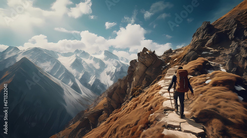 explorer walking on a narrow ridge high in the mountains
