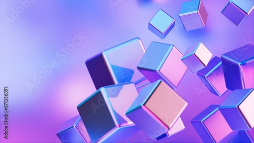 3Dレンダリングのメタルキューブが浮かぶ立体的な背景イラストレーション, ピンクや紫のネオンカラーのイメージ