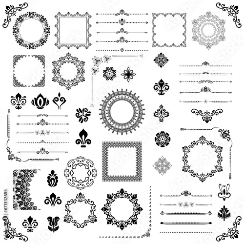 Vintage black and white set of horizontal, square and round elements. Elements for backgrounds, frames and monograms. Classic patterns. Set of vintage patterns
