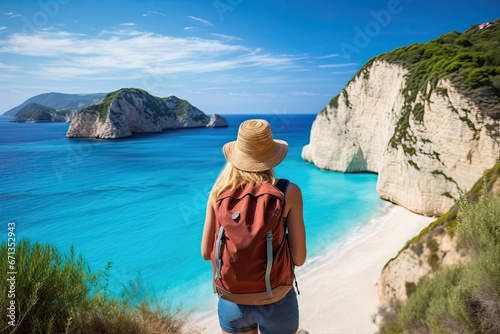 Woman traveler with a backpack on the beach of Zakynthos, Greece, Young woman with backpack on the beach, Zakynthos island, Greece, AI Generated