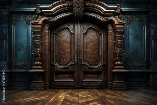 Elegant wooden door opened to reveal a mysterious and dark room, Generative AI