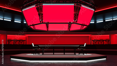 Futuristic TV game show studio design with an interview table on stage and rectangular monitors.