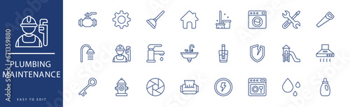 Plumbing Maintenance icon collection. Containing Keys, Manometer, Pipeline, Plumber, Plunger, Pressure, icons. Vector illustration & easy to edit.
