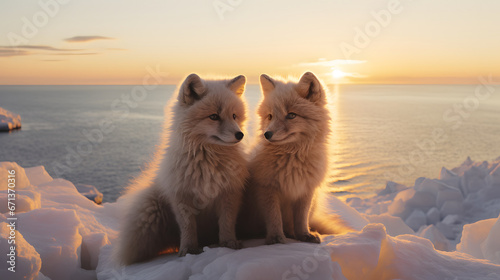 Beautiful Wild arctic fox couple at sunset. Amazing Wildlife