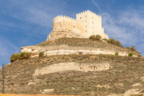 Curiel de Duero, Spain - October 12, 2023: different views of the medieval castle in the town of Curiel de Duero, province of Valladolid, Spain