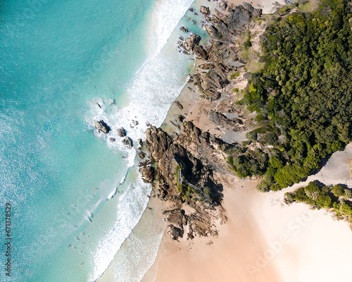 Byron Bay Headlands Top Down Beach Views Aerial Shot with the National Park and Ocean