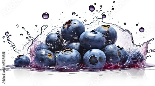 Blueberries are falling into a glass with water splashing around them.