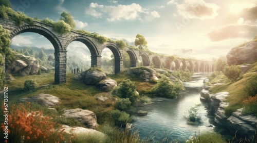 Digital composite of Stone bridge over the river with blue sky and clouds