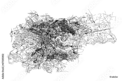 Cracow city map with roads and streets, Poland. Vector outline illustration.