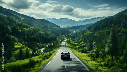 Aerial view of road going through forest, Road through green forest, Aerial top view of car in forest, Forest view texture, Ecosystem and healthy environment concept and background.