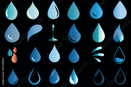 Gradient water droplets, vector illustration, black background, various shapes, sizes. Refreshing, cool, clear, clean droplets showcasing nature’s purity and freshness.