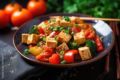 close-up of a vegan meal with tofu and vegetables