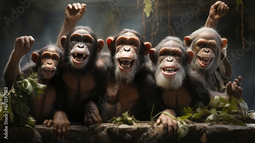 Wild animal family: Laughing and happy monkey community captured in close-up portrait