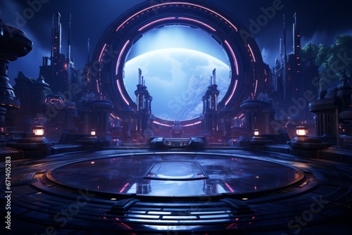 Blurry background of Futuristic architecture sci-fi hall room with dome and pedestal, 3d rendering