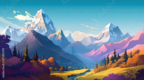 Himalaya Mountains clean vector lines, creating a vibrant and dynamic landscape, Vector Art Illustrator with smooth gradients