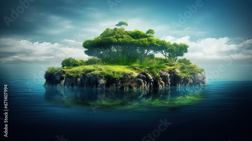 A small island in the ocean with a clear sky and planet earth on it