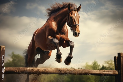 Brown horse jumping over a barrier