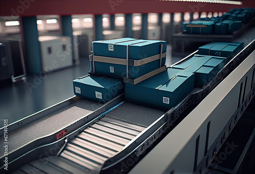 Conveyor for baggage in a multi-storey airport terminal. Suitcases and baggage on the conveyor belt on the way to the plane. AI generative.