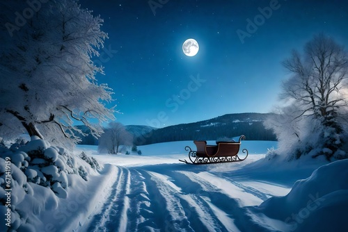A magical, snowy landscape with a moonlit sky and a sleigh carrying presents.