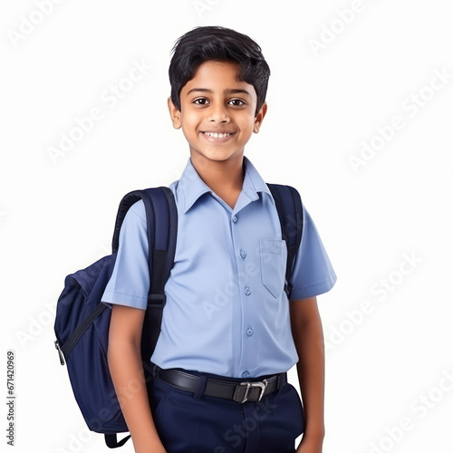 Indian school boy standing on white background