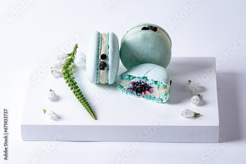 Colorful French Macarons on White Background