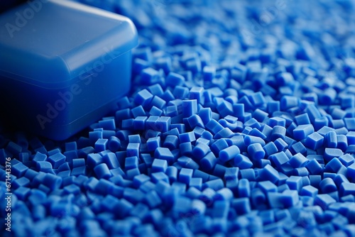 Close up of a two stacks of blue plastic polypropylene granules on a table, Generative AI